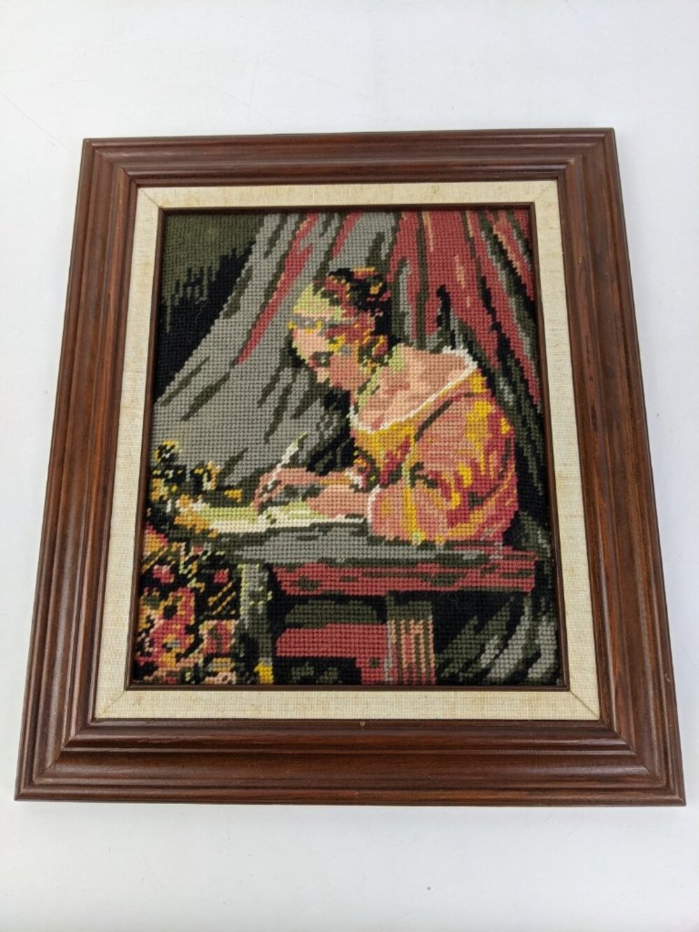Vintage Needlepoint Victorian Woman Writing Framed 12"x15" Embroidery Canvas
